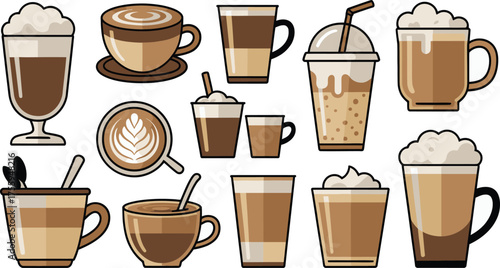 Cartoon Style Illustration of Various Coffee Drinks Cappuccino, Latte, Iced Coffee and More