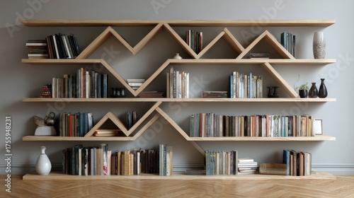 Modern zigzag wooden bookshelf with neutral finish