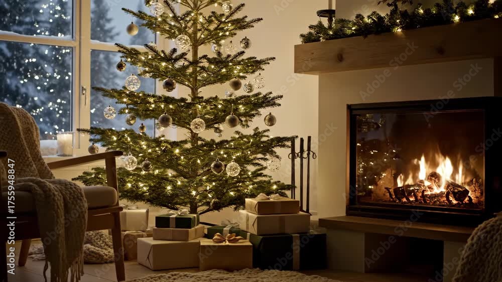 Cozy scandinavian christmas living room interior with decorated tree, gifts, and fireplace with burning wood footage.