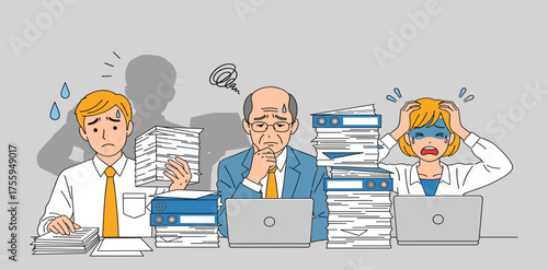 Overwhelmed office workers stressed by heavy workloads and piles of paperwork, illustrating the pressures of modern professional life