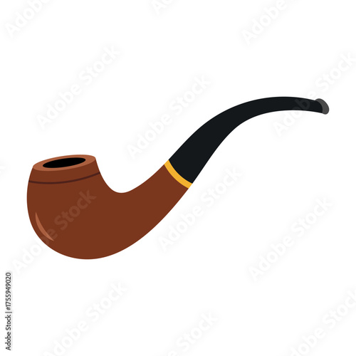 Classic Wooden Smoking Pipe Vector Illustration. A classic smoking pipe with a brown wooden bowl and a curved black stem. The pipe features a golden ring and an elegant shape.