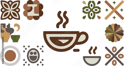 Decorative Brown And Green Art Coffee Cup, Flowers And Abstract Symbols
