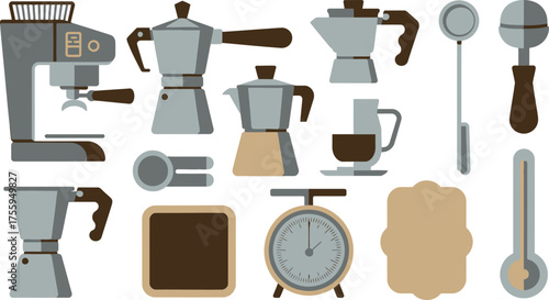 Espresso Machine, Moka Pots, Coffee Cup, Kitchen Scale, and Accessories Illustration