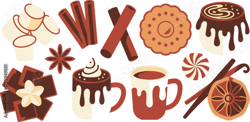 Festive Christmas Confections Illustration of Hot Chocolate, Marshmallows, Cinnamon Sticks and Holiday Treats