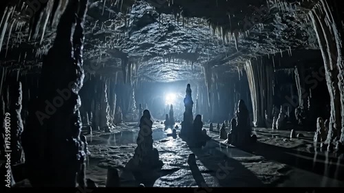 Mysterious Underground Cave with Stalagmites and Stalactites Illuminated by Distant Light.
