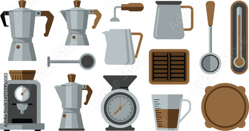Flat Lay Illustration of Coffee Preparation Equipment Moka Pots, Grinder, and Scale
