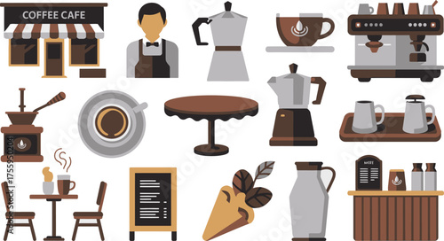 Icons Depicting a Coffee Cafe with Furniture, Appliances, and Menu Board in Brown