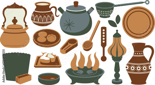Illustrated Antique Kitchenware Set Clay Pots, Cooking Utensils, Firepit, and Decorative Pitcher Collection