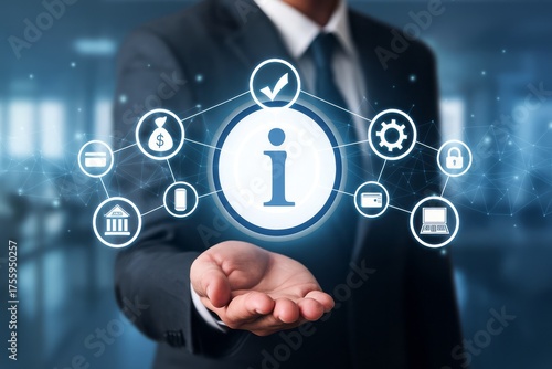 Business man holding information icon in hand for data and technology concept