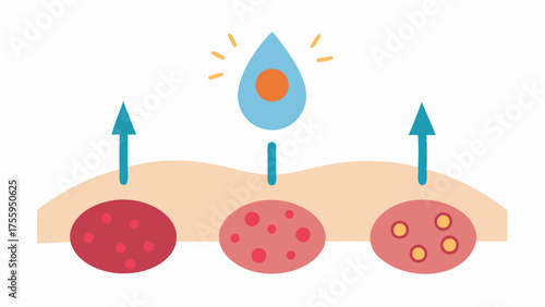 Antiinflammatory Effect A vector of exosomes releasing calming signals with arrows pointing to inflamed skin areas to represent their antiinflammatory properties.