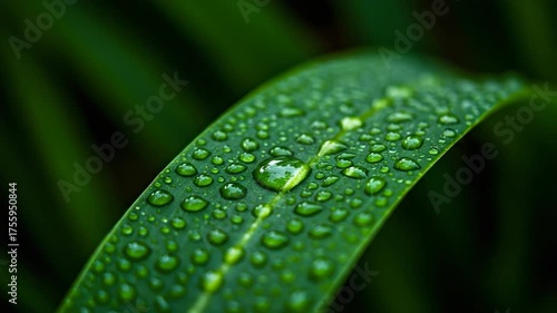 Close-up of a leaf covered in water droplets, showcasing nature's beauty and freshness. The droplets shimmer, reflecting light on the vibrant green leaf