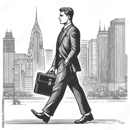 man in a suit and hat carrying a briefcase, walking in city sketch engraving generative ai fictional character vector illustration. Scratch board imitation. Black and white image.
