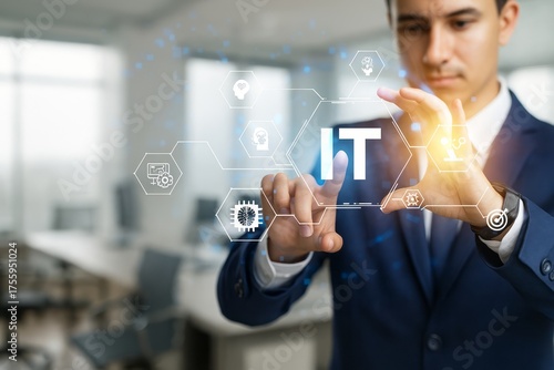 A man in a suit interacts with a digital it interface in the office