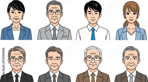 Set of vector illustrations featuring portraits of diverse Asian business people. Collection includes men and women of different ages in formal corporate attire