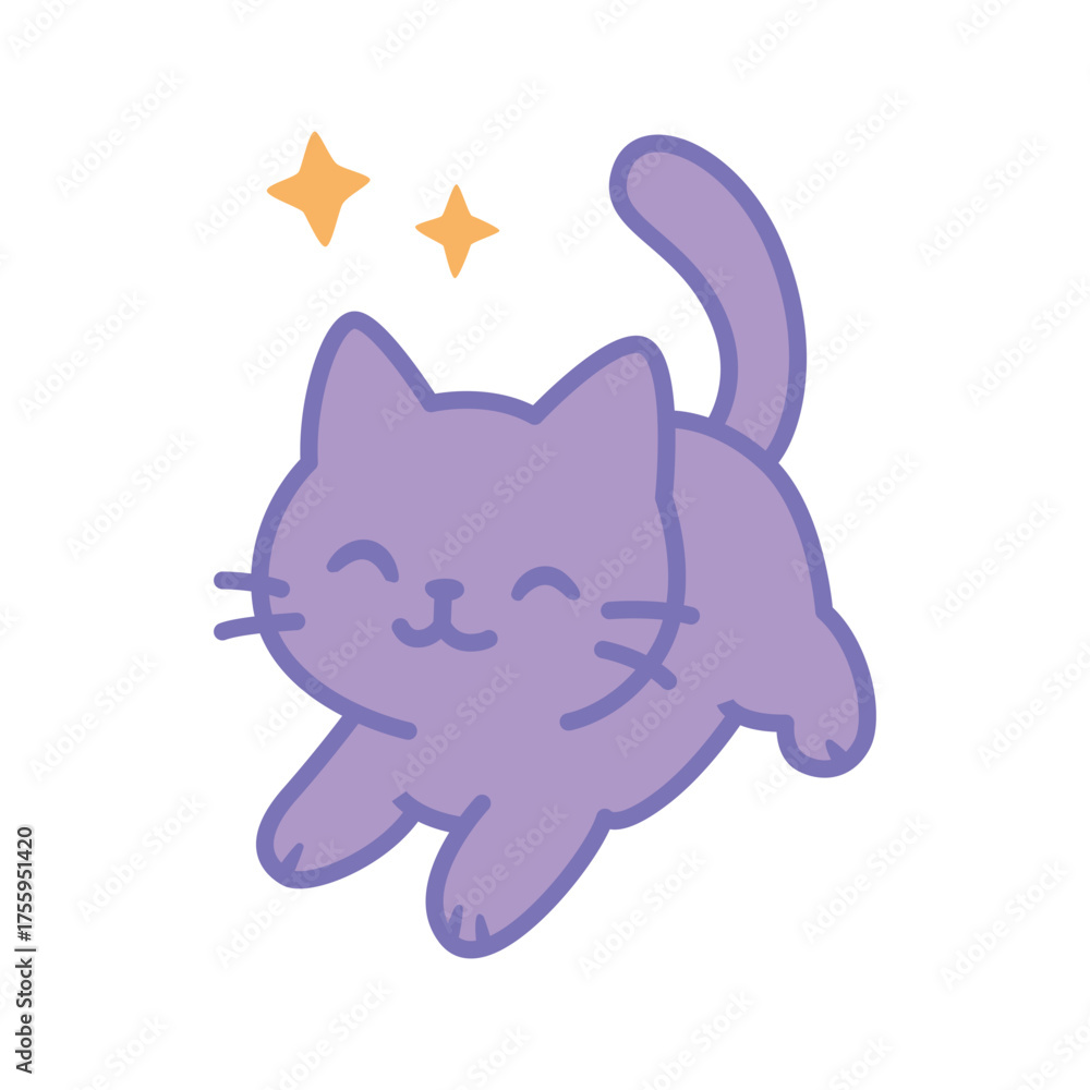 Obraz premium Sparkly Purple Cat Illustration in Cute Kawaii Flat Cartoon Style