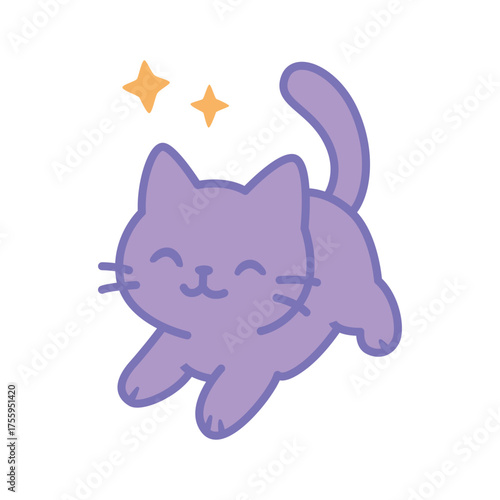 Sparkly Purple Cat Illustration in Cute Kawaii Flat Cartoon Style