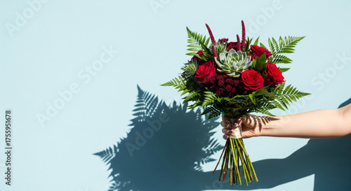 A hand holds a beautiful, elegant bouquet of fresh flowers against a bright, light blue background