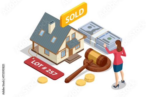 Isometric online auction concept with house, money, hammer, and sold sign. Real estate sale, investment, or mortgage bidding illustration vector style.