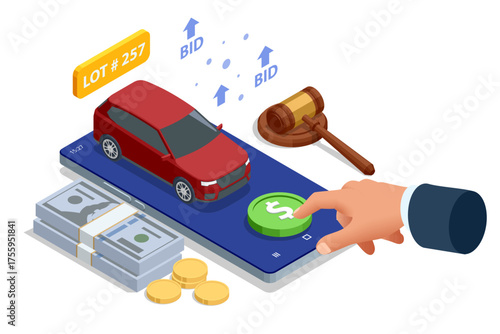 Isometric smartphone with red car, money, and bid icon. Online car auction or vehicle marketplace concept in modern 3D vector illustration.