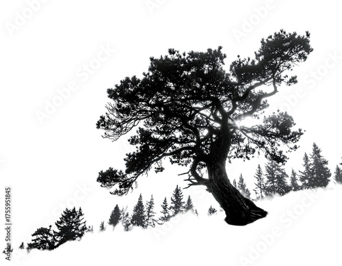 Wallpaper Mural A stark, monochrome illustration of a large, twisted tree silhouette with small trees Torontodigital.ca
