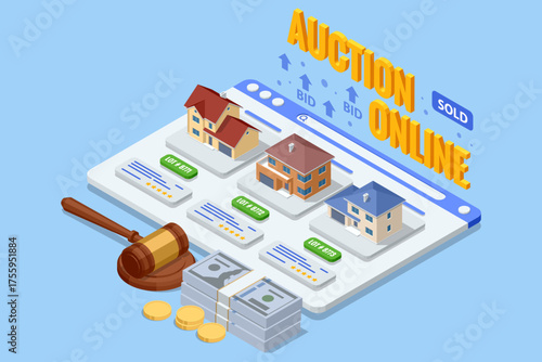Isometric online real estate auction with multiple houses, bids, and money. Digital property investment and buying platform illustration.