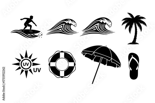 Australian Summer Beach Black Silhouette Vector Collection: Surf, Waves, Sun, Palm Tree, Holiday Icons for Travel and Seasonal Design.	