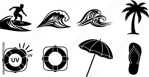 Australian Summer Beach Black Silhouette Vector Collection: Surf, Waves, Sun, Palm Tree, Holiday Icons for Travel and Seasonal Design.	