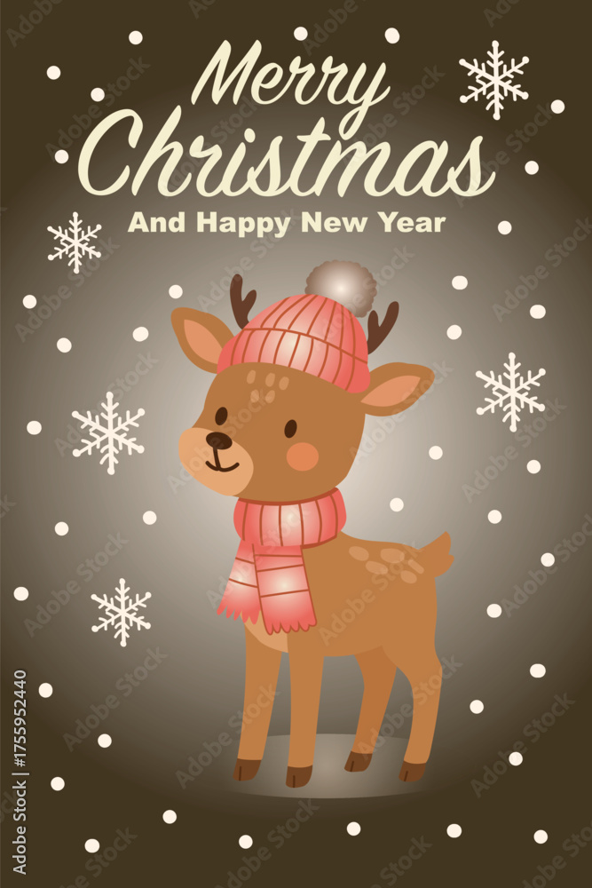 Fototapeta premium Cute Cartoon Reindeer Christmas Card Design with Snowflakes and Holiday Cheer