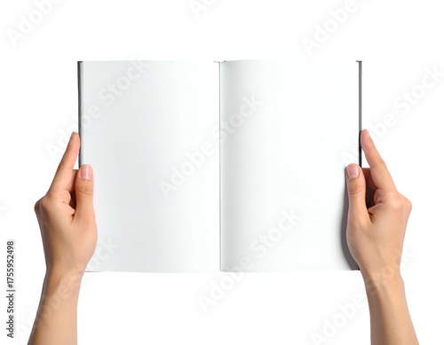 A person's hands opening a blank book against a black background, ready for content