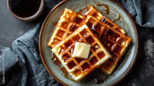 Overhead view of square waffles on a rustic plate, butter cube melting on top, maple syrup drizzle