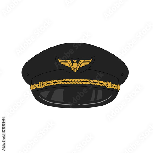 Vector illustration of a professional pilot captain hat with emblem and gold trim, aviation uniform accessory, isolated on pure white background.
