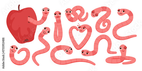 Funny cartoon worms with expressive faces and an apple, various poses and emotions, playful and educational design for kids, isolated on white background vector illustration