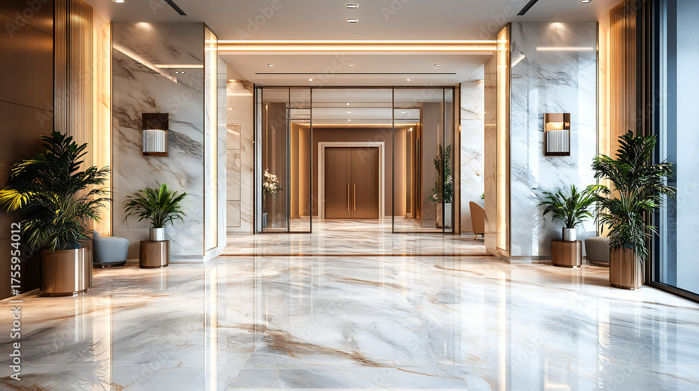 Fototapeta premium Modern interior showcasing marble and epoxy flooring designs