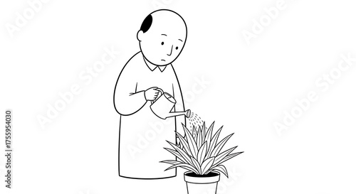 Simple line art illustration of a man diligently watering a potted houseplant, capturing the mindful act of nurturing growth and the quiet dedication to plant care and domestic life