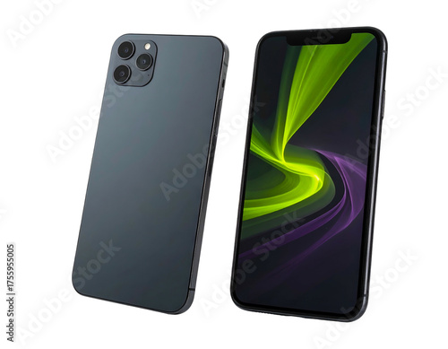 Two mobile phones shown at an angle; one side view, the other displaying a vibrant, green design