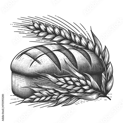 loaf of bread in a basket surrounded by wheat stalks, symbolizing baking, harvest, and traditional food sketch engraving generative ai vector illustration. Scratch board imitation. Black and white.