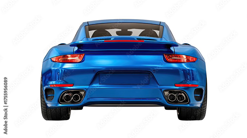 Naklejka premium Blue sport car at rear view: a shiny, luxurious, blue sports car, showcased from its rear, embodies automotive excellence and high-performance. the car, from a rear perspective.