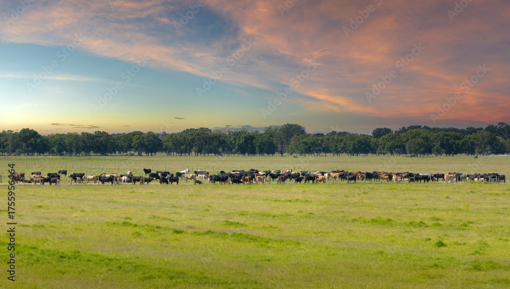 Fototapeta premium Cattle grazing on farmland pasture. Production of organic dairy products. Milk cows feeding on green farm grassland