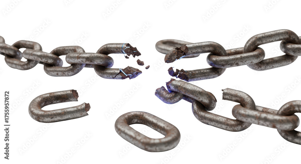 Obraz premium Broken metal chain symbolizing weakness or failure isolated on transparent background