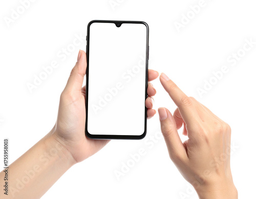 Close-up of person holding a smartphone with blank screen, fingers touching display