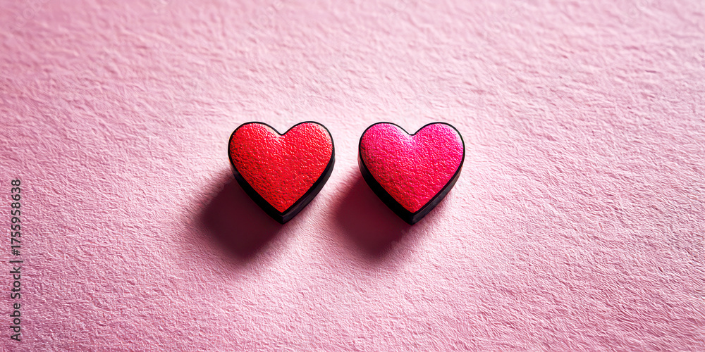 Fototapeta premium Two Small Red and Pink Hearts with Dark Edge on a Textured Pink Background