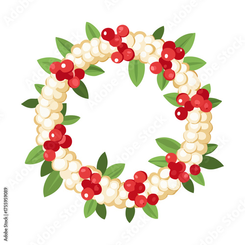 Christmas Wreath with Red Berries and White Flowers for Holiday Greeting Card