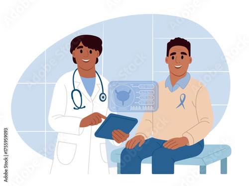 Elderly African American man at a urologist consultation. Vector illustration in flat style.