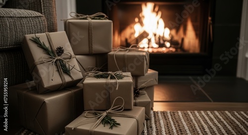 Stack of holiday gift box wrapped in brown paper with pinecone and rosemary. Cozy winter celebration with fireplace in background.
