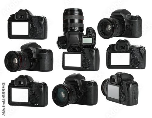 A collage showcasing a collection of digital single-lens reflex cameras against a black backdrop