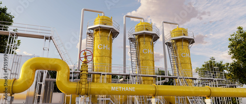 Biogas upgrading facility that produces pipeline-grade biomethane for distribution. 3D illustration.