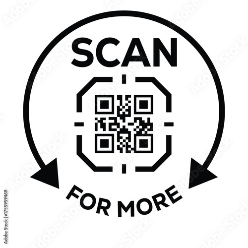 Black and white vector icon featuring a QR code inside a stylized frame, enclosed by a circular arrow and the text "SCAN FOR MORE." This graphic symbolizes digital access, linking, or quick informatio