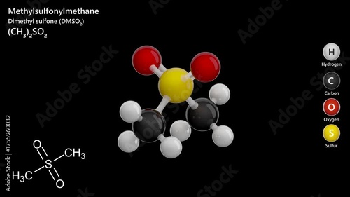 Animated 3D model of Methylsulfonylmethane (MSM). Medicinal compound with molecular formula C2H6O2S. Chemical model: Ball and stick. Black background. 3D rendering. Seamless loop.
