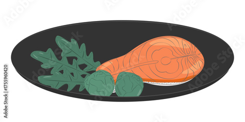 Salmon steak Arugula leaves and Brussel Sprouts in Black Plate Healthy eating Thematic Design idea