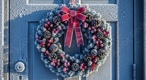 Frosted Christmas wreath with pinecones and red berries hanging on a cold blue door. Winter holiday decoration for Christmas.